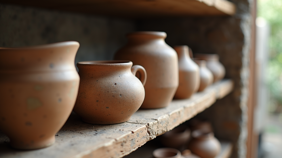 Close-up view of rustic handmade ceramics on a shelf