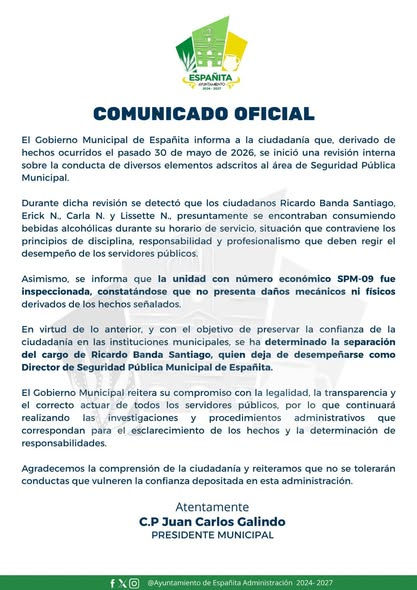 CESAN A DIRECTOR DE SEGURIDAD PÚBLICA DE ESPAÑITA TRAS PRESUNTO ACCIDENTE Y SEÑALAMIENTOS DE CONSUMO DE ALCOHOL EN HORARIO LABORAL