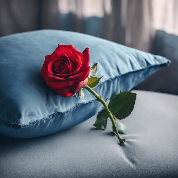 A red rose sits on a blue cushion.jpg