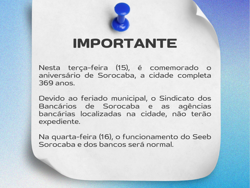 Seeb Sorocaba não terá expediente nesta terça-feira (15) devido ao feriado municipal