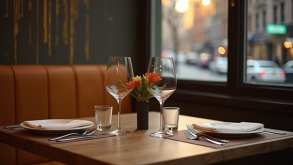 Close-up view of a stylish NYC restaurant table set for two