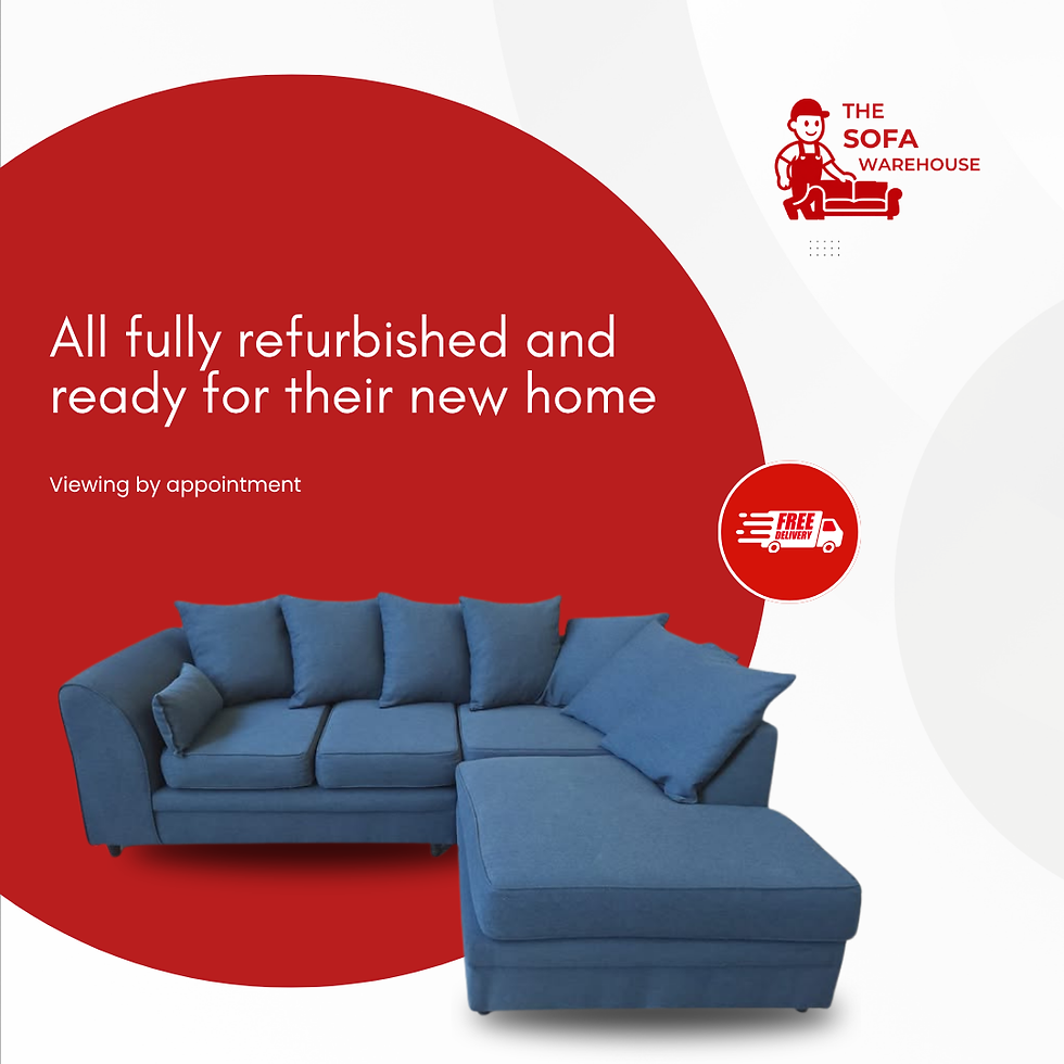 Branded product post showcasing a fully refurbished blue corner sofa ready for its new home.
