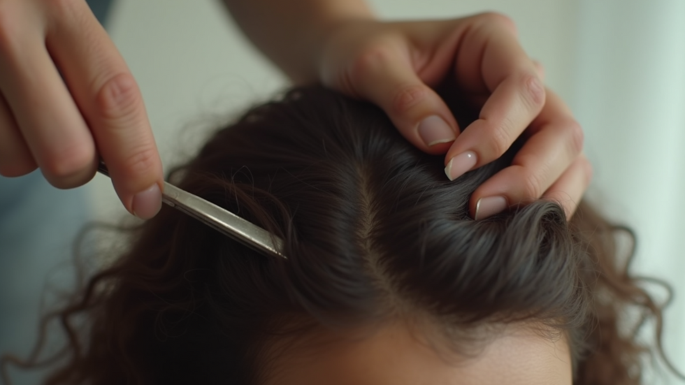High angle view of a hair topper being clipped onto natural hair