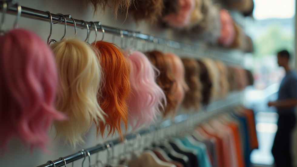 Eye-level view of a display rack with various hair toppers in different colours