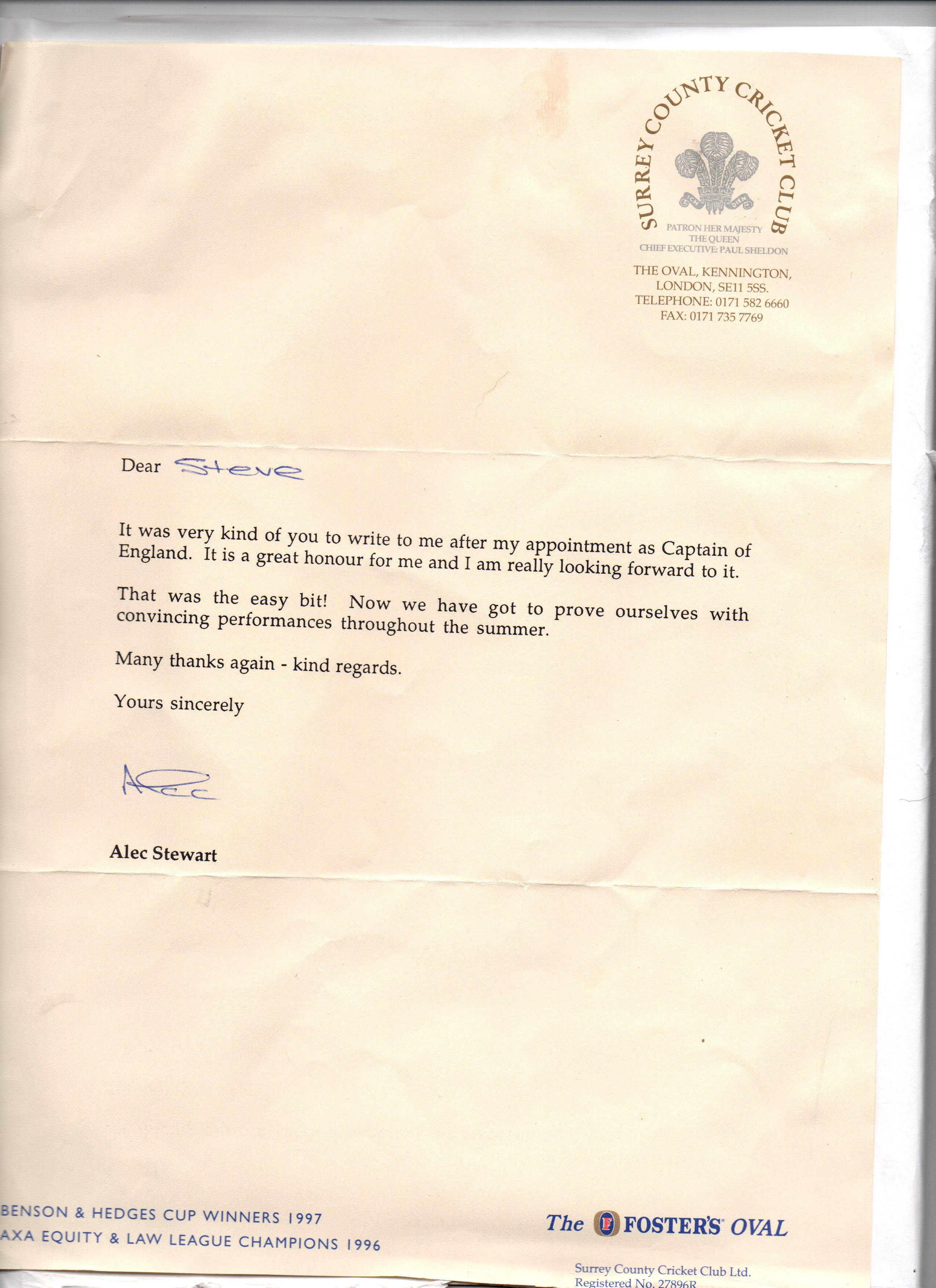 Alec Stewart Letter