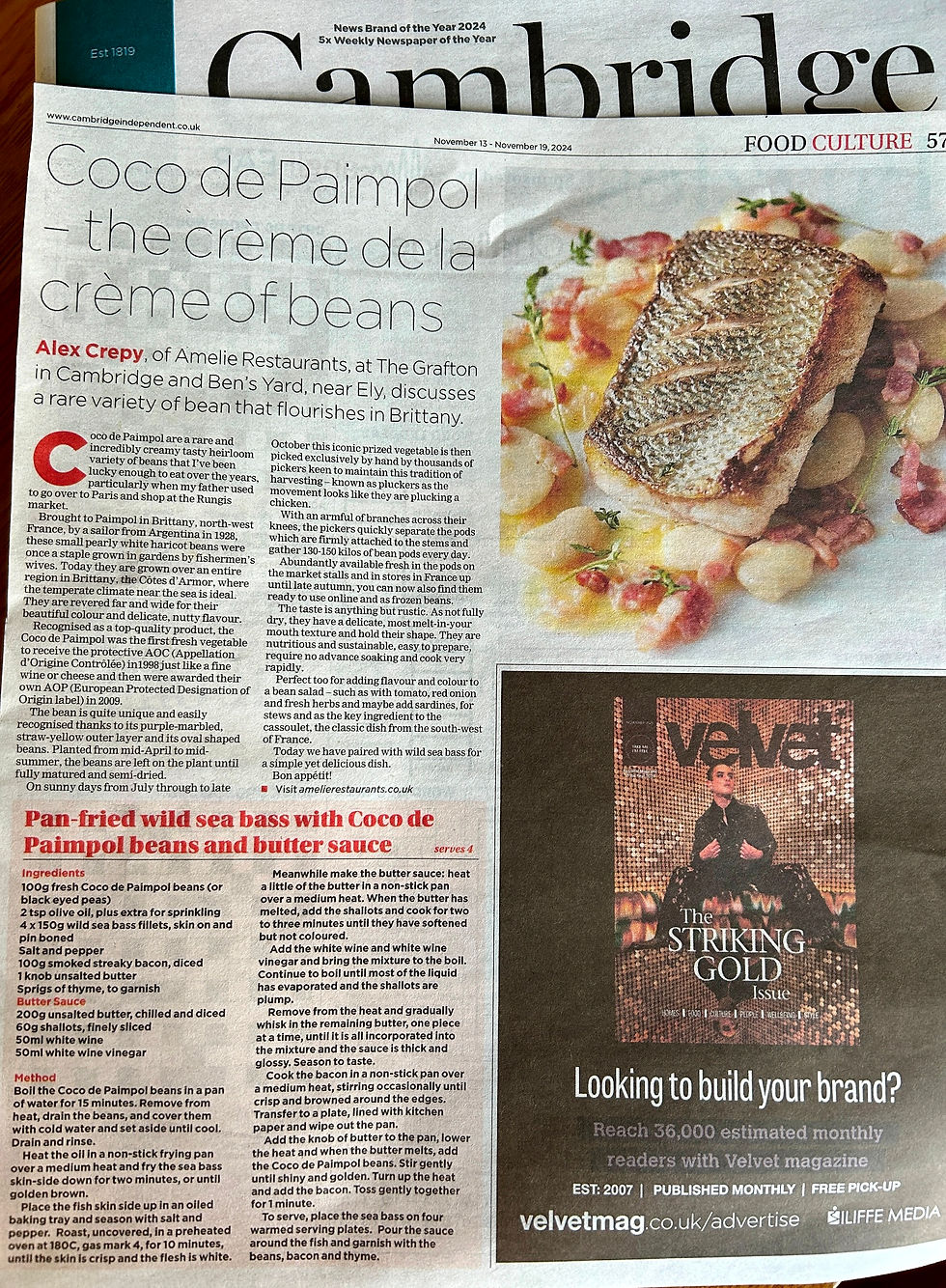 article in the Cambridge Independent - Recipe of seabass with coco de Paimpol by Alex Crepy