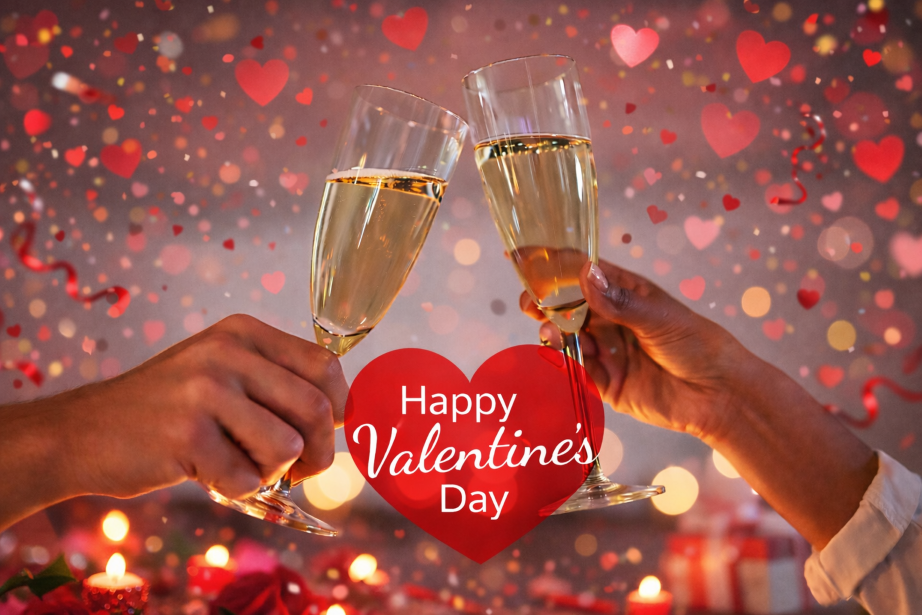 Two hands clinking champagne glasses amid red heart confetti with "Happy Valentine's Day" on a heart. Romantic and festive setting.