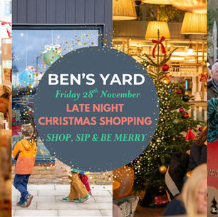 People shopping and socializing at Ben's Yard for Late Night Christmas Shopping; festive decor, a tree, and promotional text create a joyful mood.