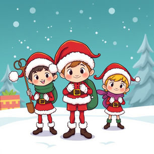 three little Santa's helpers on their way to the activity workshop walking in the snow