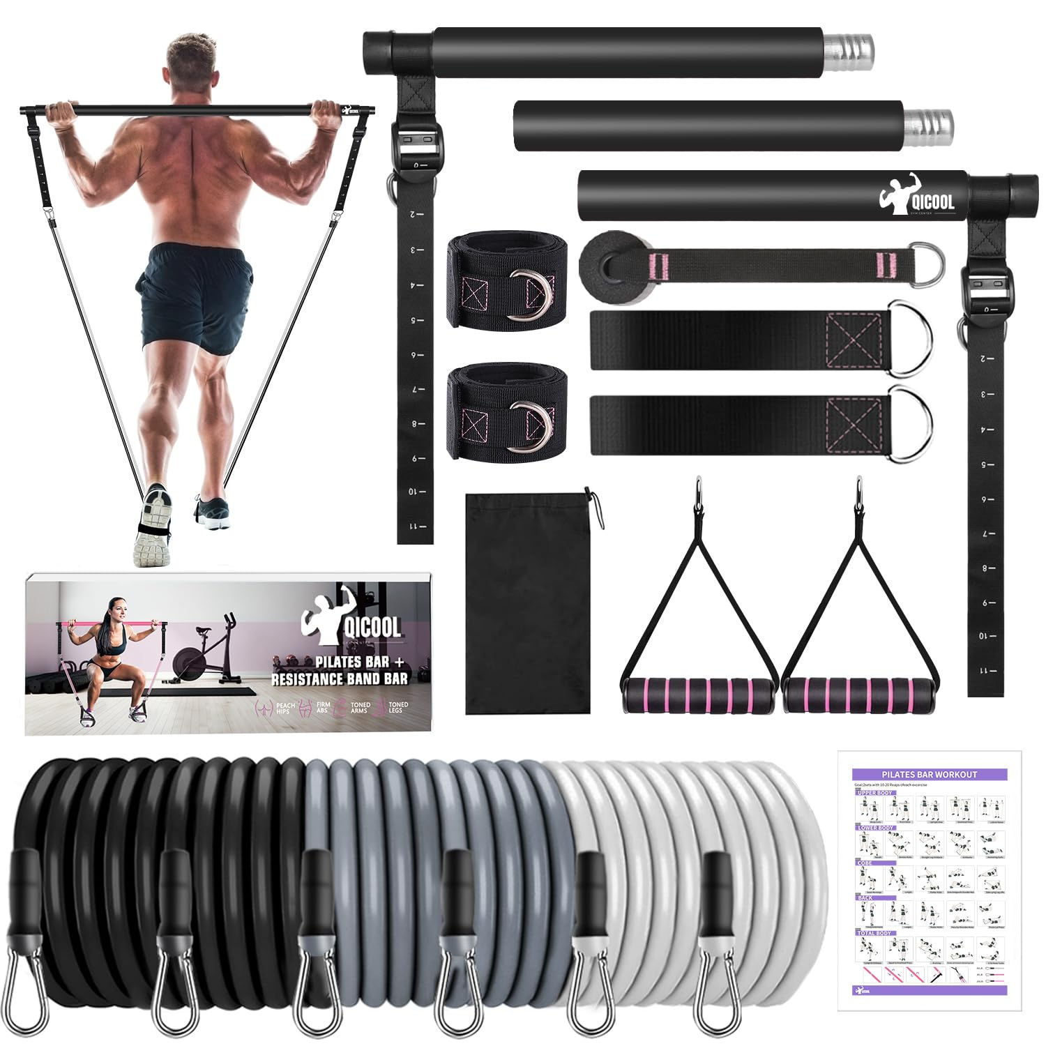 Pilates Bar Kit with Resistance BandsQicool Pilates Resistance Bands Exercise Fi