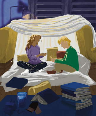colour-block sketch of a cosy scene of two people playing cards in a blanket fort