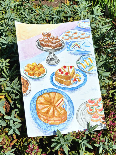 watercolour painting of cakes on a table