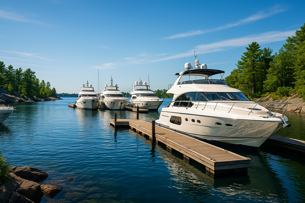 A serene marina with luxurious yachts docked at wooden piers, surrounded by clear blue wat