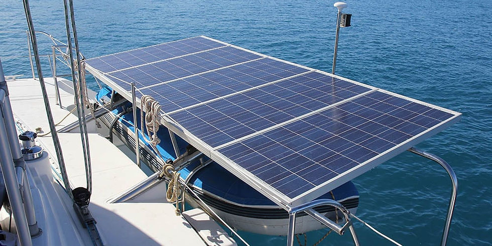 Marine solar panel installation on a motorboat roof, providing sustainable energy while do