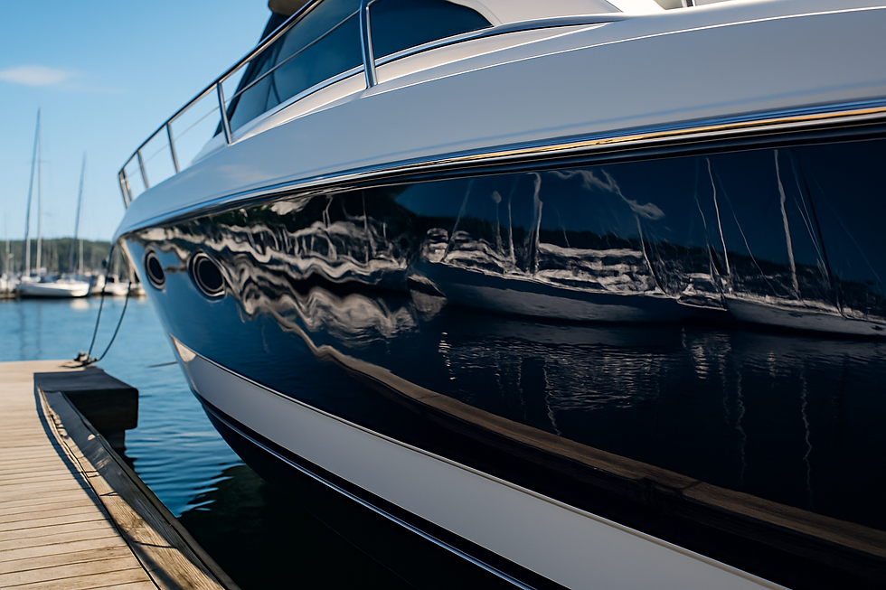 Port side view of a luxury motorboat featuring a custom 'Gassed Up' boat name decal, docke