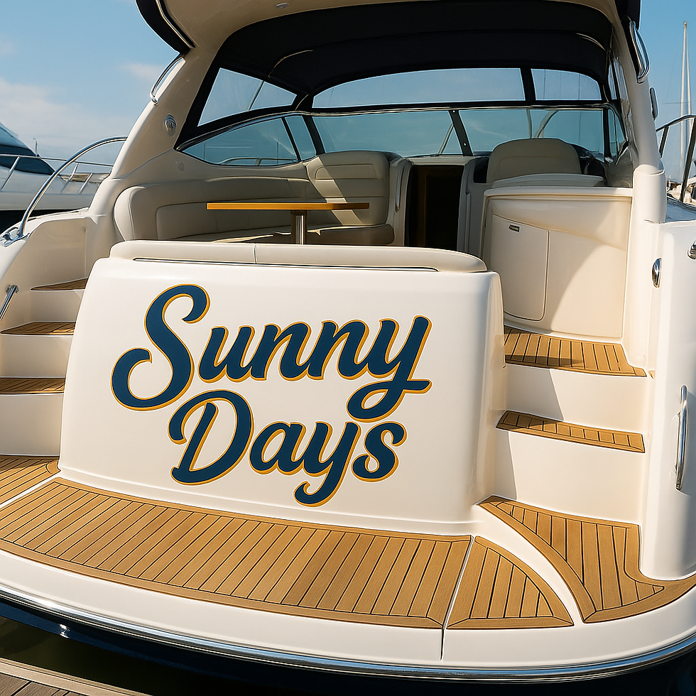 Custom vinyl boat name decal reading 'Sunny Days' displayed on the transom of a luxury mot