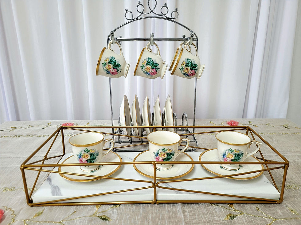 Unique teacups and saucers.