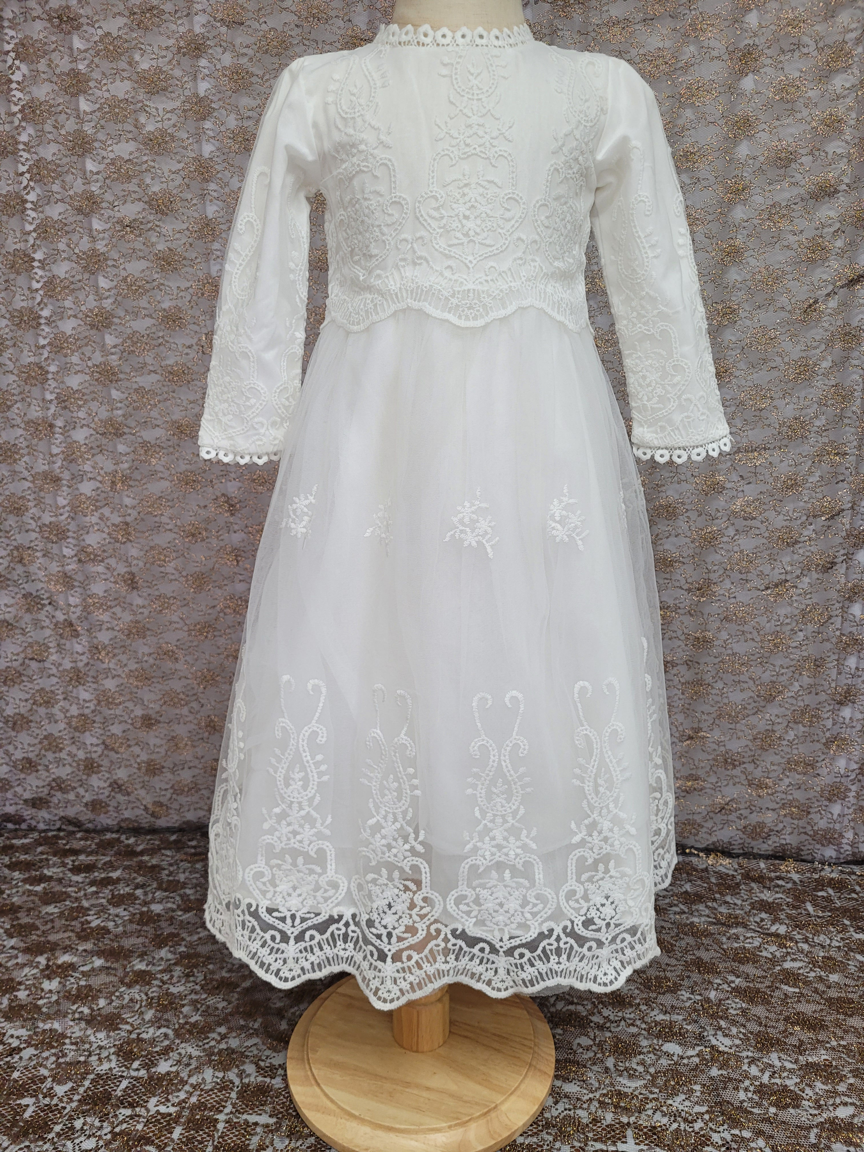 White Lace Overlay Girls Christening or Baptism Gown