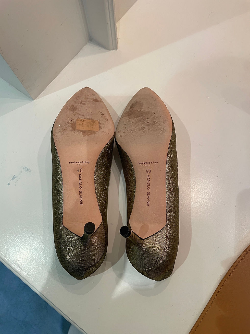 Thumbnail: Lot 146 - Gold Manolo Blahnik Heels - Rhinestone Toe (Size 40)
