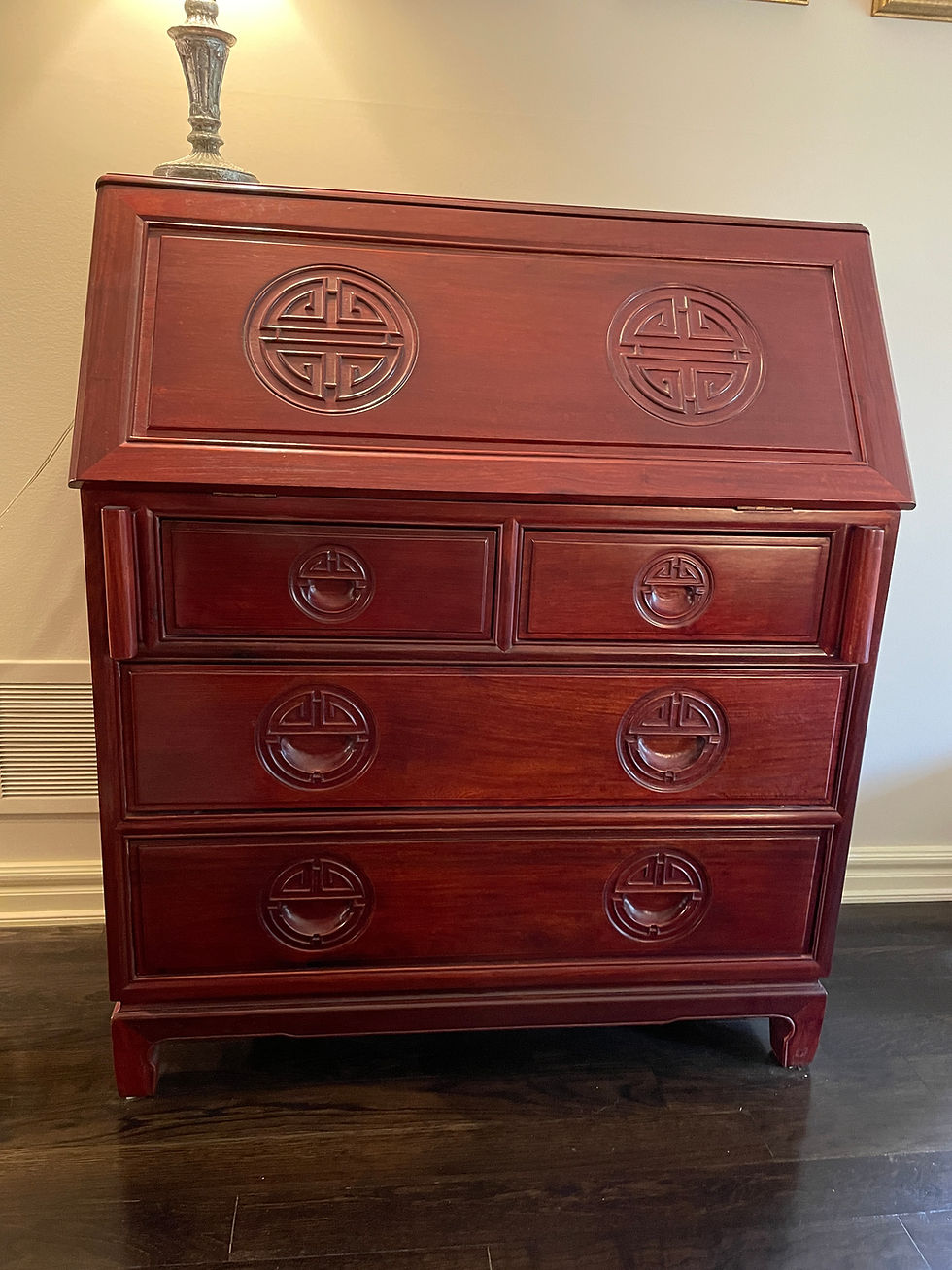 Thumbnail: Lot 1 - Vintage Asian-Inspired Secretary Desk w/ Carved Longevity Motifs, etc.