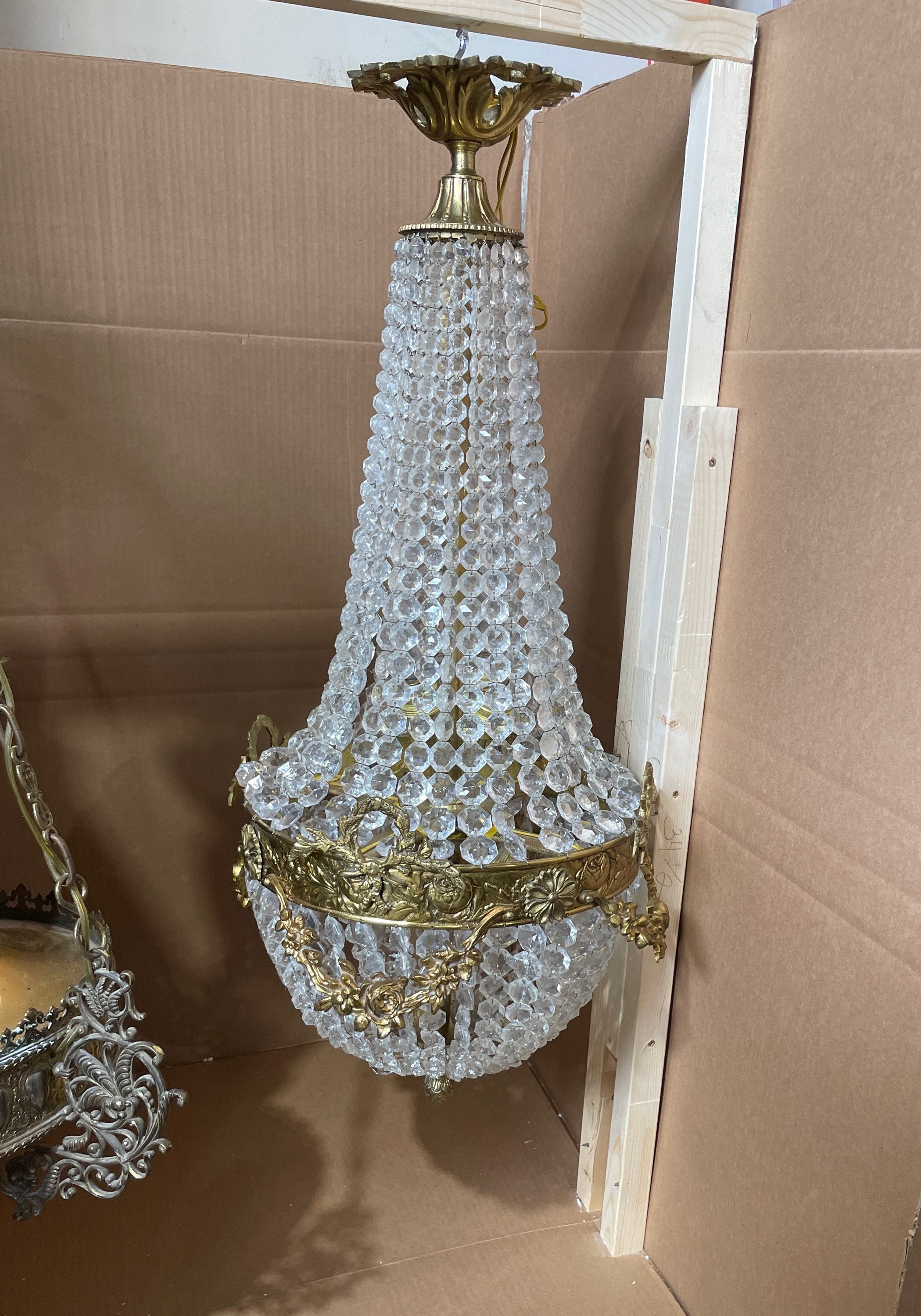 Lot 155 - Antique French Waterfall Crystal & Brass Chandelier 