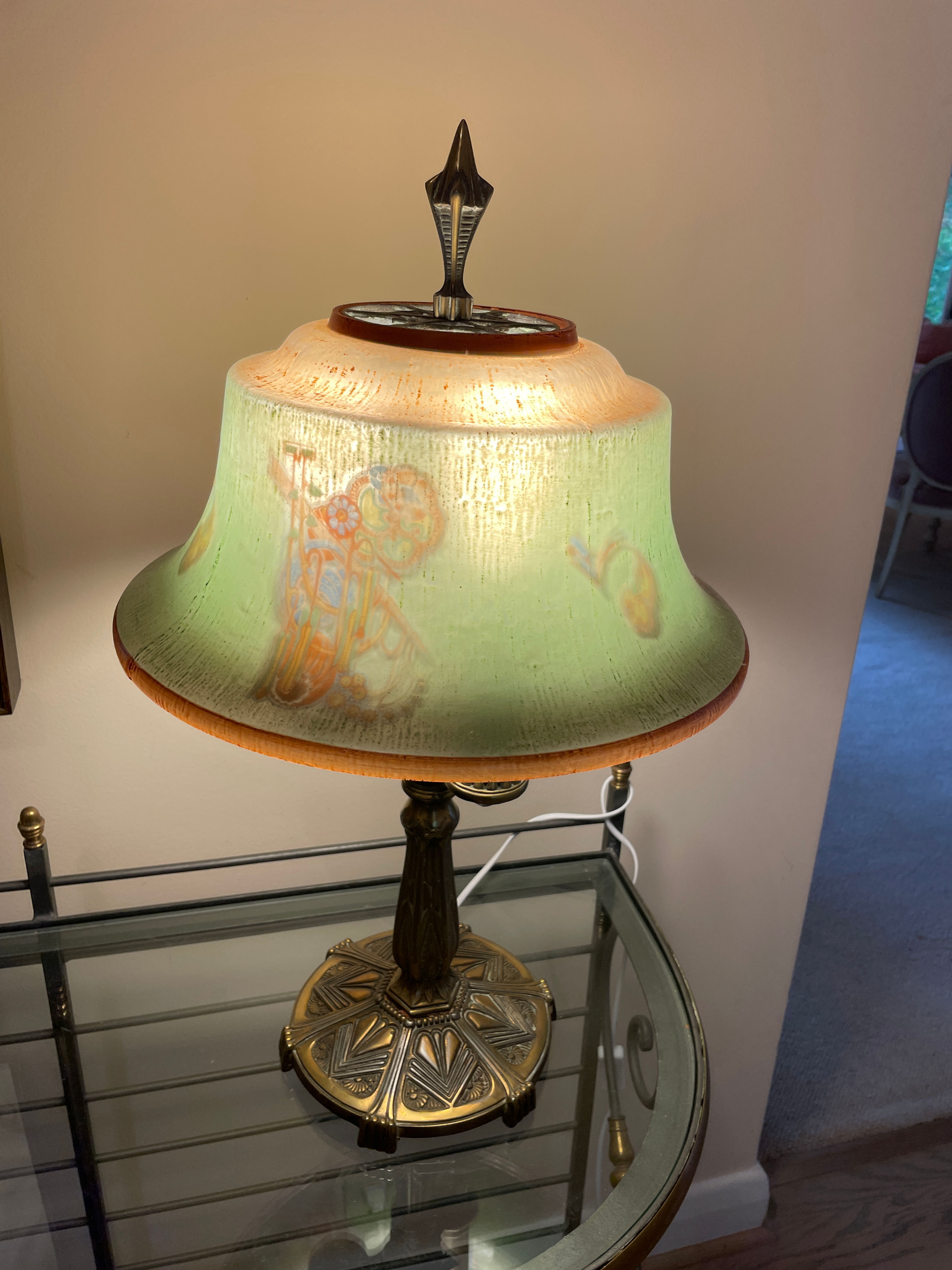 Lot 105 - Art Deco Pairpoint Lamp w/ Reverse-Painted Glass Shade.