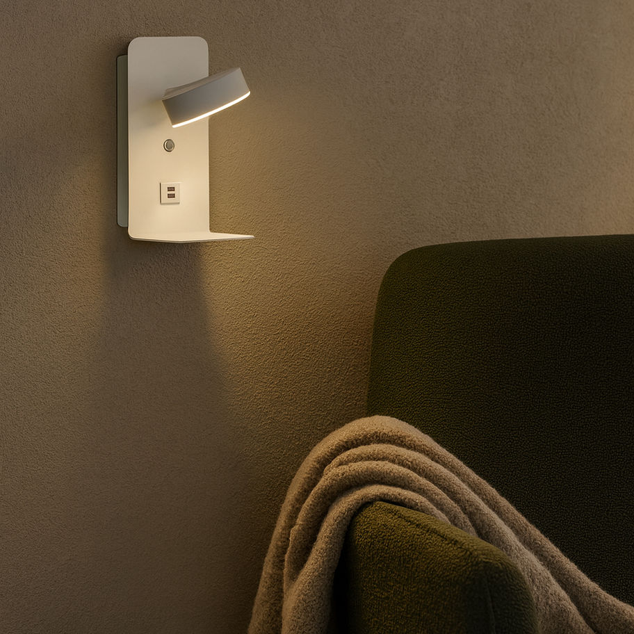 Modern yatak odasında Nero LED yatak başı okuma aplik, sıcak beyaz ışık, minimal tasarım