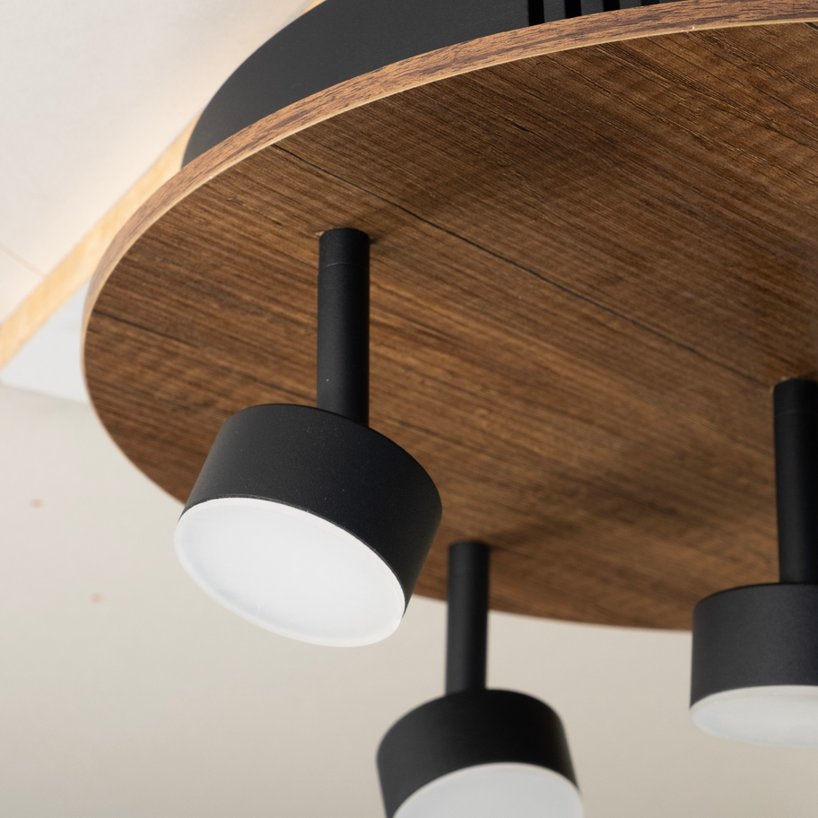 40 cm yuvarlak ahşap plafonyer spotlu LED avize yakın çekim