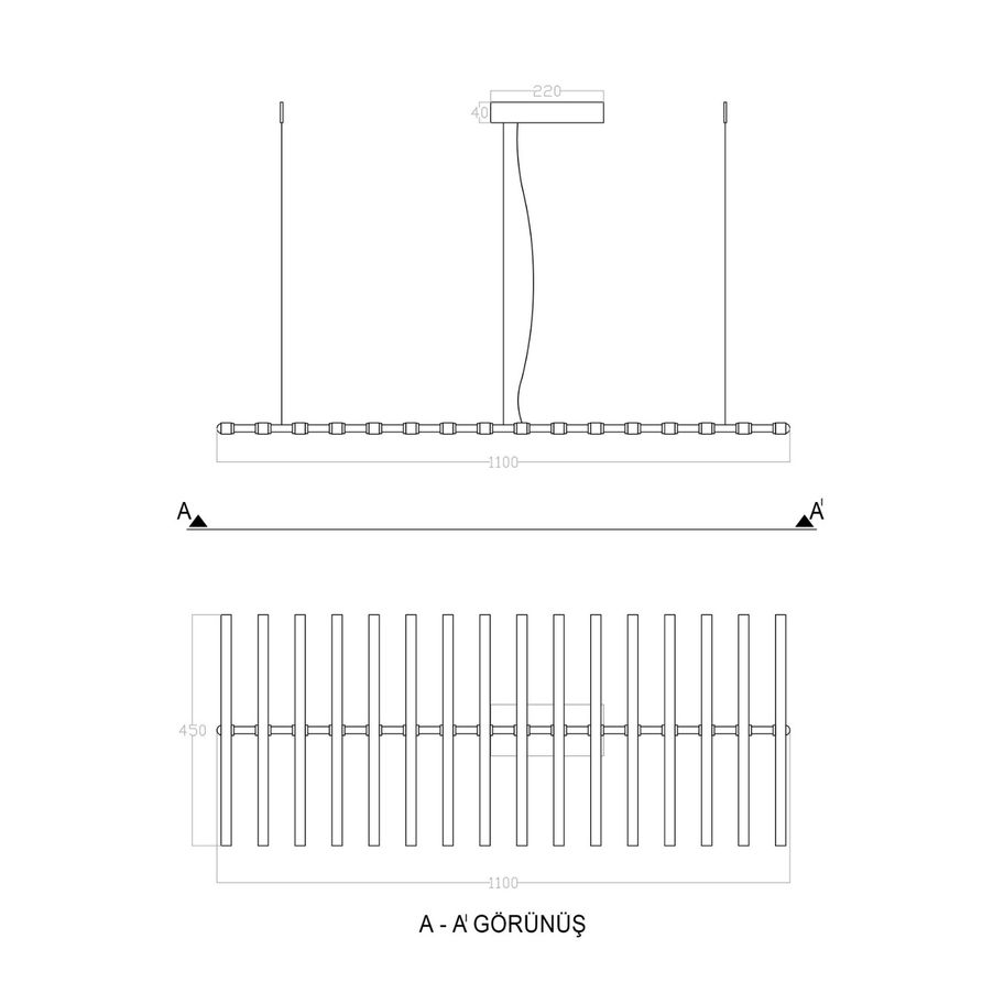 costilla lineer led sarkıt avize teknik ölçü çizimi