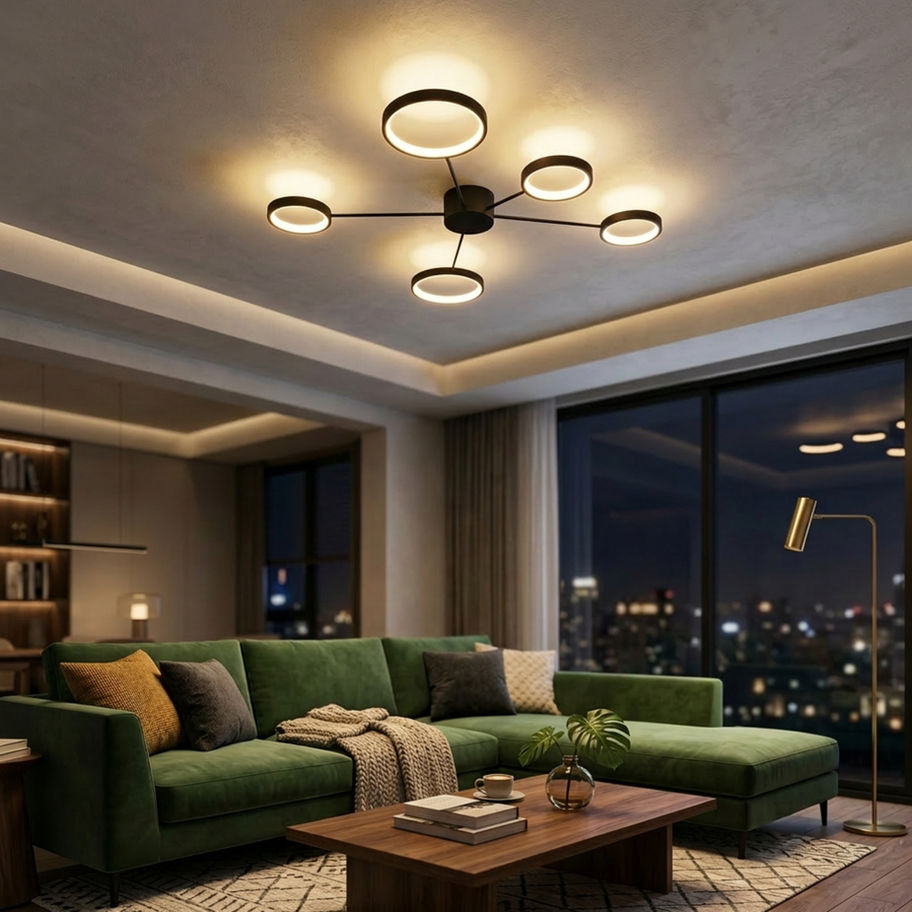 "Modern salon dekorasyonu için yeşil koltukla uyumlu halka LED avize."