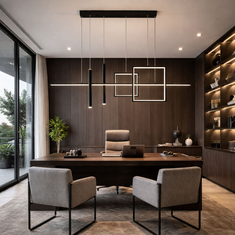 Yönetici masası üzerinde siyah geometrik lineer LED sarkıt avize, modern ofis aydınlatma tasarımı