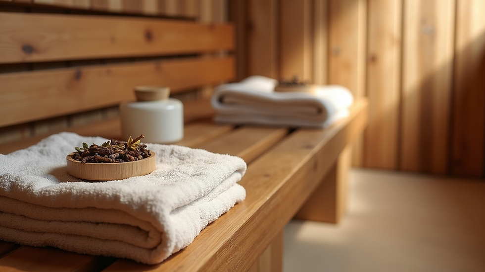 High angle view of a wooden bench with towels and herbal steam bath accessories