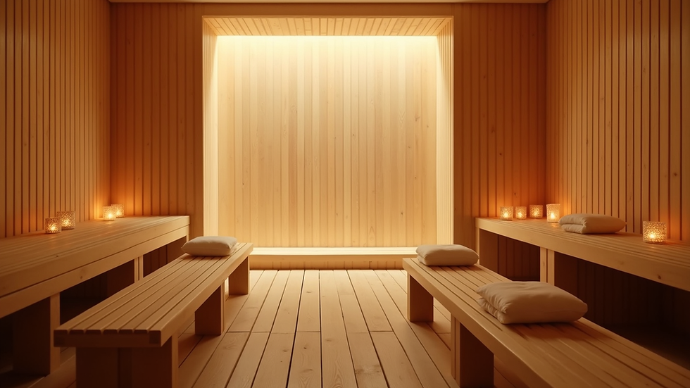 Eye-level view of a serene steam bath room with soft lighting and wooden benches
