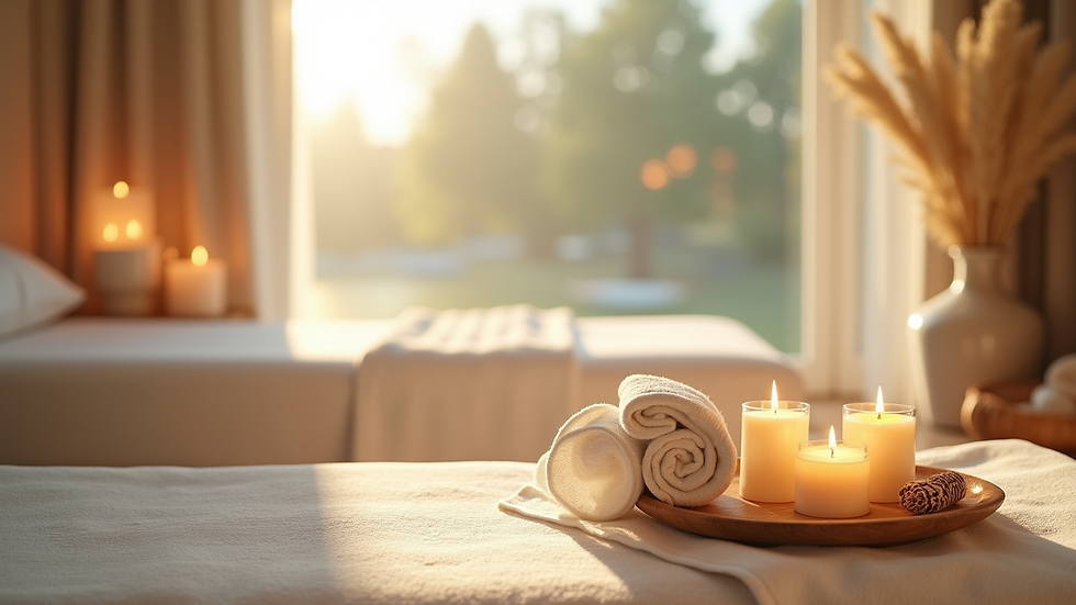 Eye-level view of a serene spa room with soft lighting and natural decor
