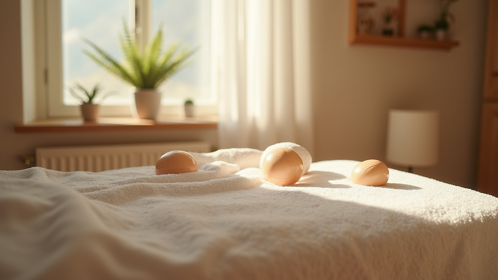 Eye-level view of a serene therapy room with cupping equipment