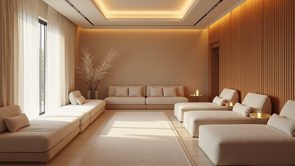 High angle view of a peaceful spa lounge with comfortable seating and soft decor