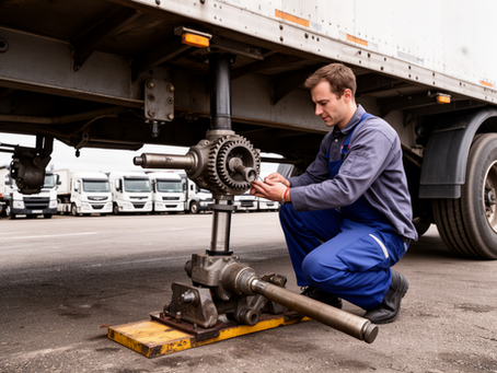 Technician inspecting commercial trailer landing gear, crank and gearbox