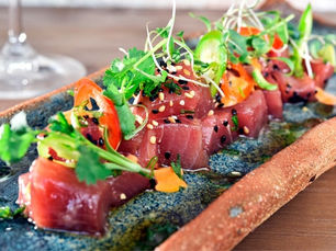 Dishes and fresh seafood