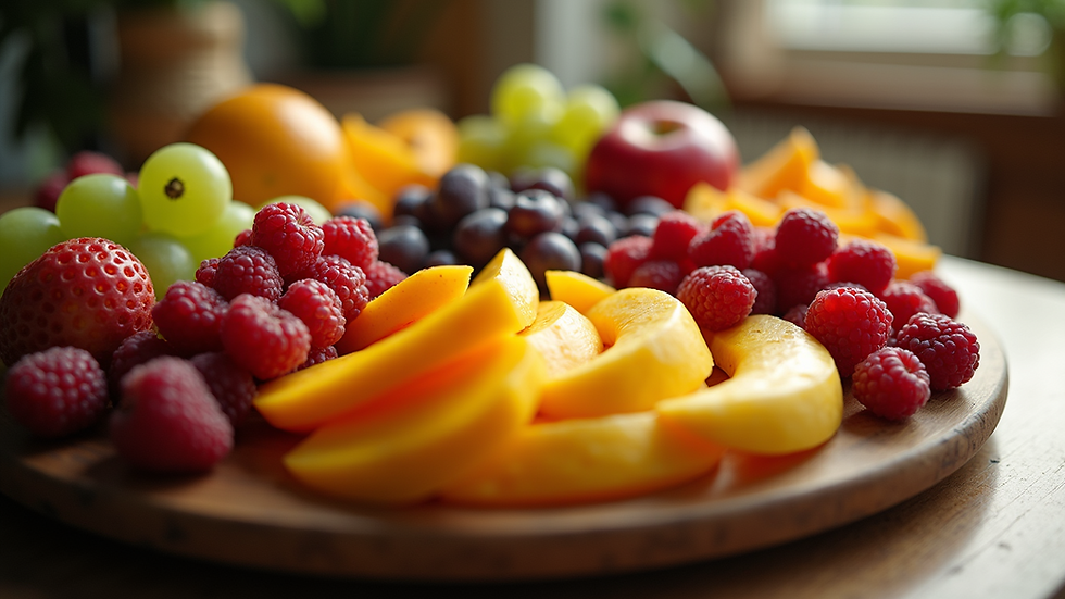 Eye-level view of a beautifully arranged seasonal fruit platter