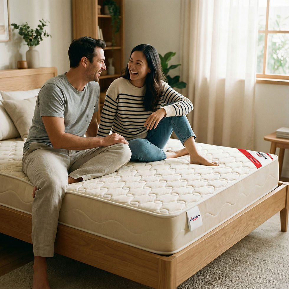 Couple sitting on a mattress talking, product label visible, bedroom setting.