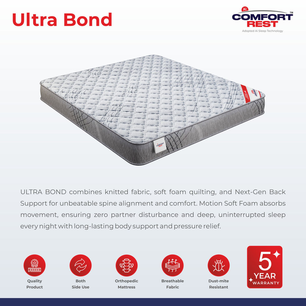 Ultra Bond mattress with Comfort Rest branding and 5-year warranty, a comforter.