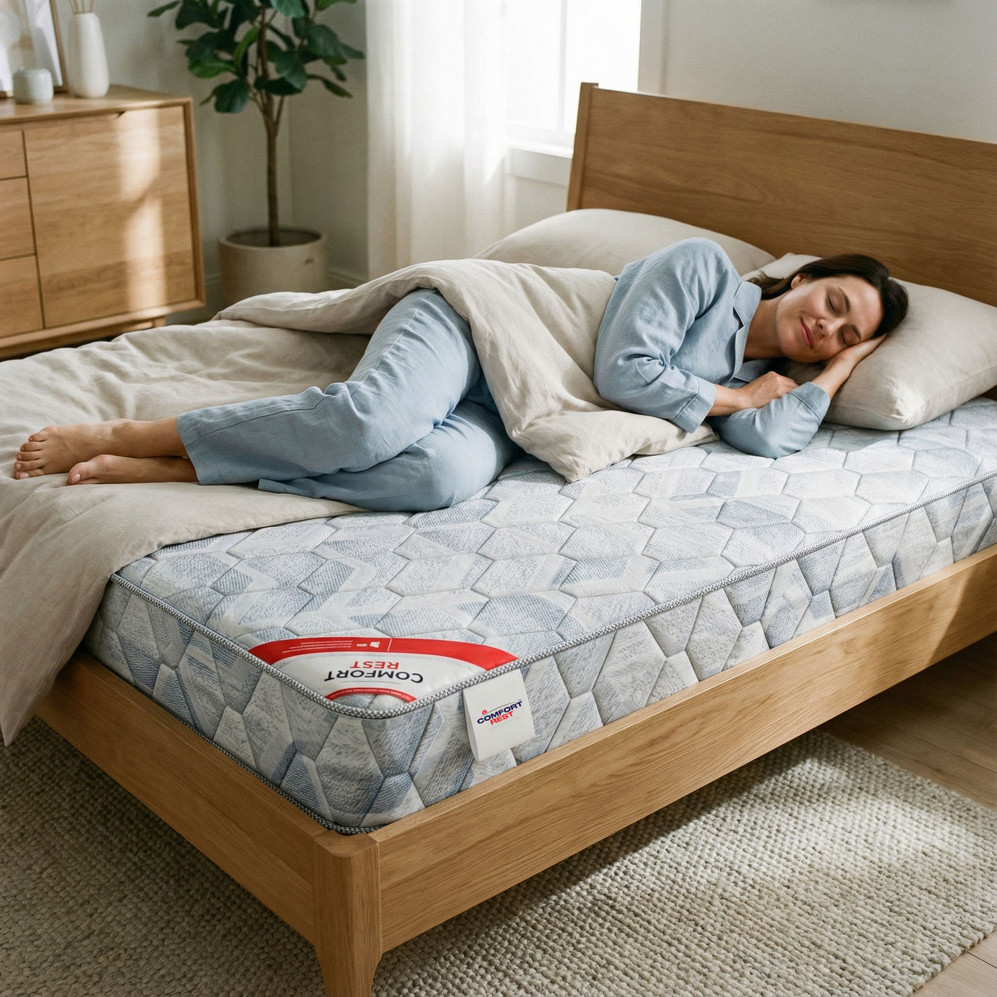 Woman sleeping on a bed, with a pillow, comforter, and comfortable mattress.