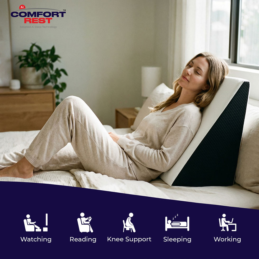 Woman reclining on bed with Comfort Rest pillow for reading and sleeping