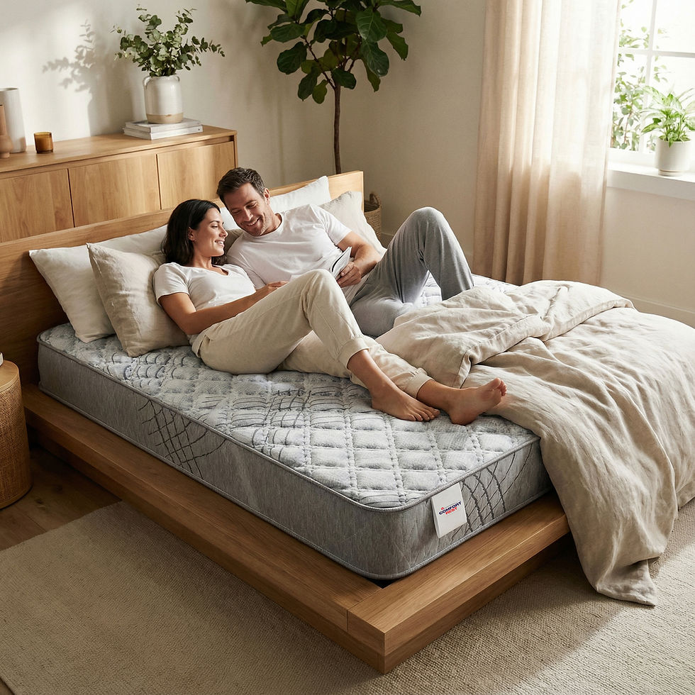 Couple relaxing on mattress in bedroom, enjoying a serene and comfortable moment.