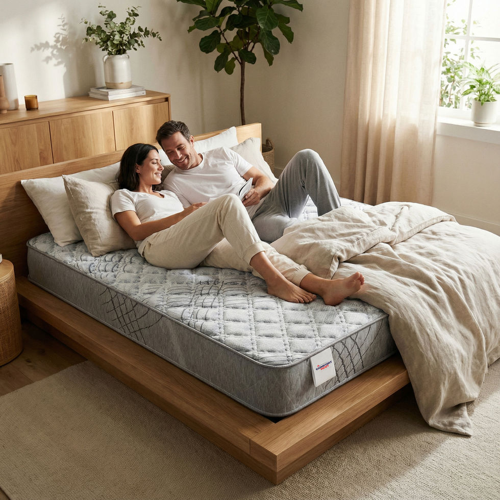 Couple relaxing on mattress in bedroom, enjoying a serene and comfortable moment.