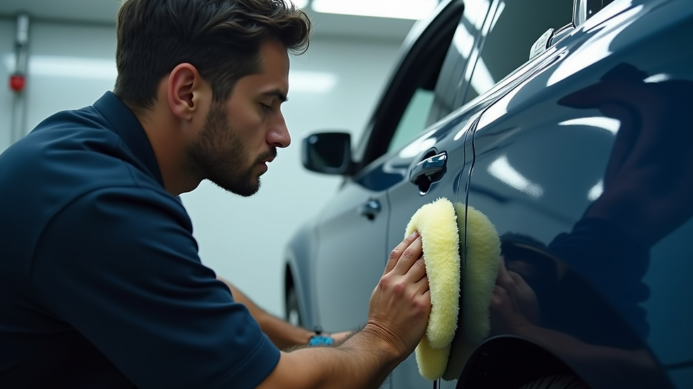 Eye-level view of a technician polishing a car door
