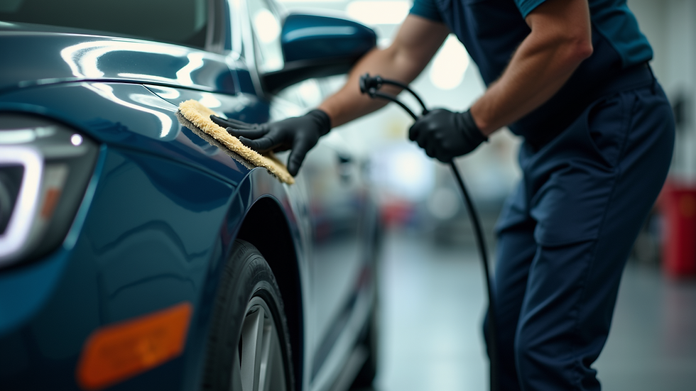 Eye-level view of a professional detailer polishing a car door