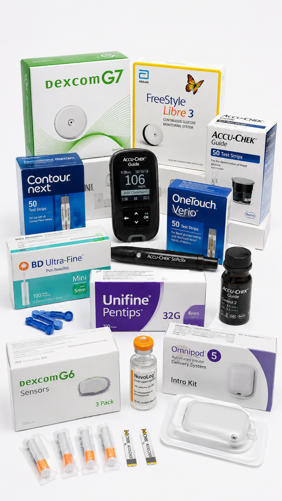 Flat lay of diabetic medical supplies including Dexcom G7, Dexcom G6, FreeStyle Libre 3, Accu-Chek Guide, OneTouch Verio, Contour Next test strips, Omnipod 5, BD Ultra-Fine pen needles, Unifine Pentips, glucose meter, lancets, and insulin supplies on a clean white background for fast cash diabetic supply buyers in Northwest Indiana.