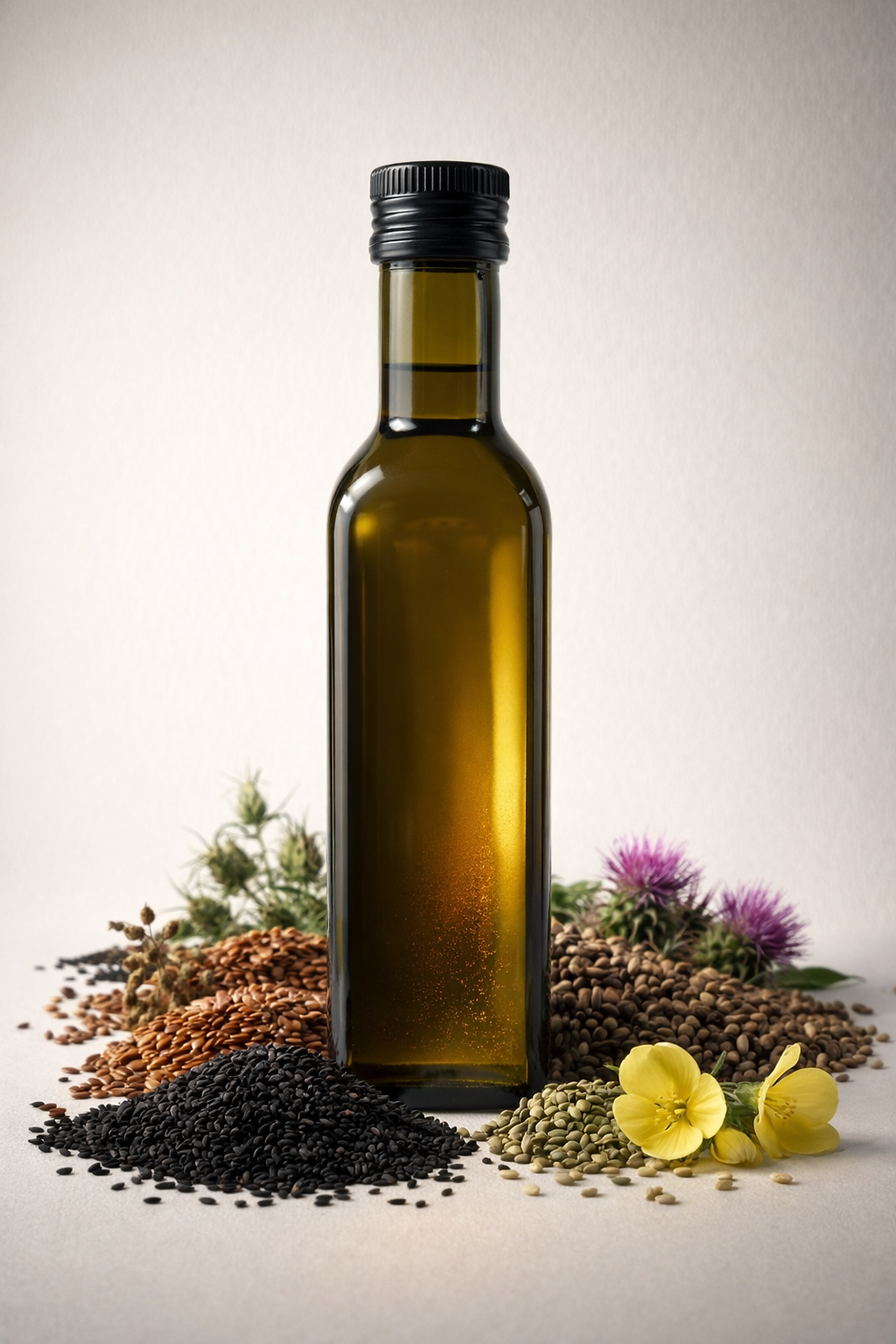 Miniaturbild: Dunkelgrüne, rechteckige Glasflasche mit Pflanzenöl steht auf einer hellen Oberfläche vor einem neutralen, hellen Hintergrund. Die Flasche ist von Samen und Blüten der enthaltenen Öle umgeben. Keine weiteren Objekte oder Personen im Bild.