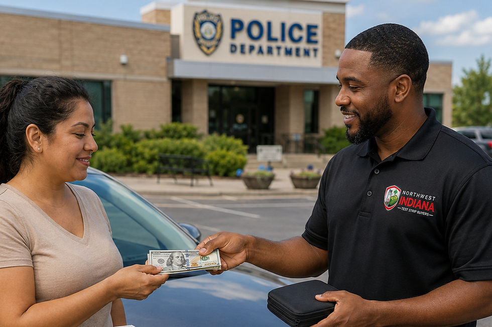 African American male diabetic supply buyer handing cash to a Latino woman customer in a police station parking lot beside a car, with Omnipod 5, Contour Next, FreeStyle Libre 3, Medtronic supplies, BD Pen Needles, and lancets displayed on the car hood for a safe and professional local meetup.